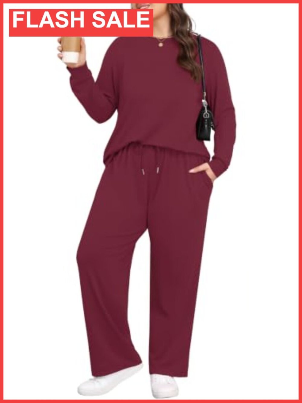 Lastshe Plus Size 2 Piece Lounge Set Long Sleeve Top Wide Leg Pants